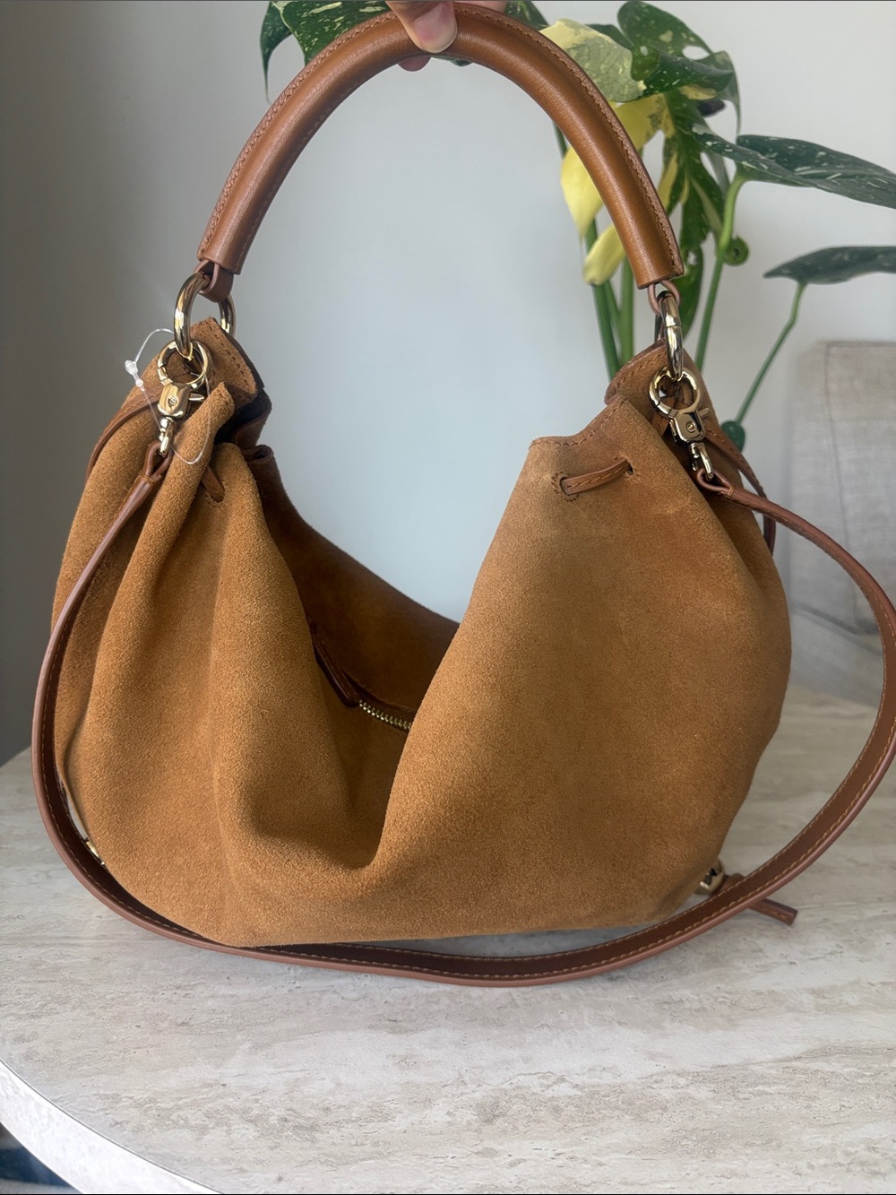 The Camren Gathered Shoulder Bag in aged cognac suede - Picture 3 of 16